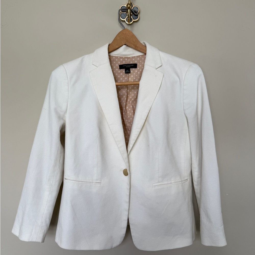 Ann Taylor Petite White Textured Blazer | Polka Dot Lining | Size 6P